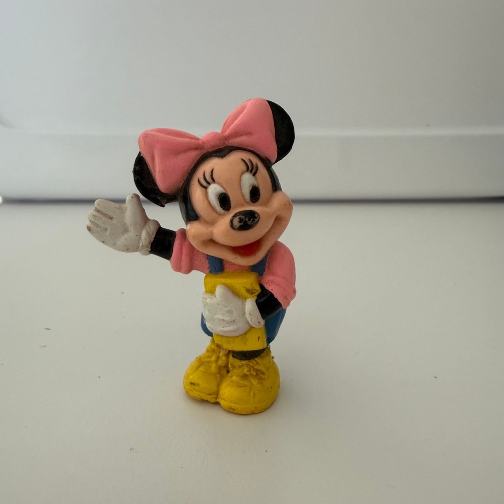 Vintage Disney Minnie Mouse PVC Figure Pink Bow Blue Overalls Waving 2.5‎ Inch